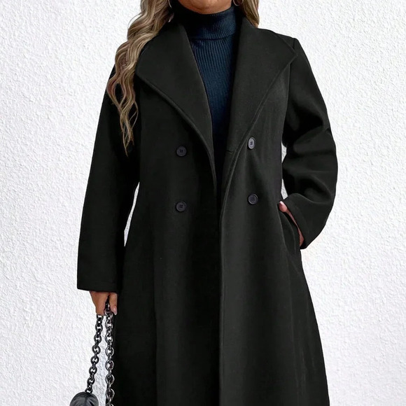 Black Casual Women's Plus Size Plain Double Breasted Pocket Long Sleeve Overcoat - Picture 6 of 6